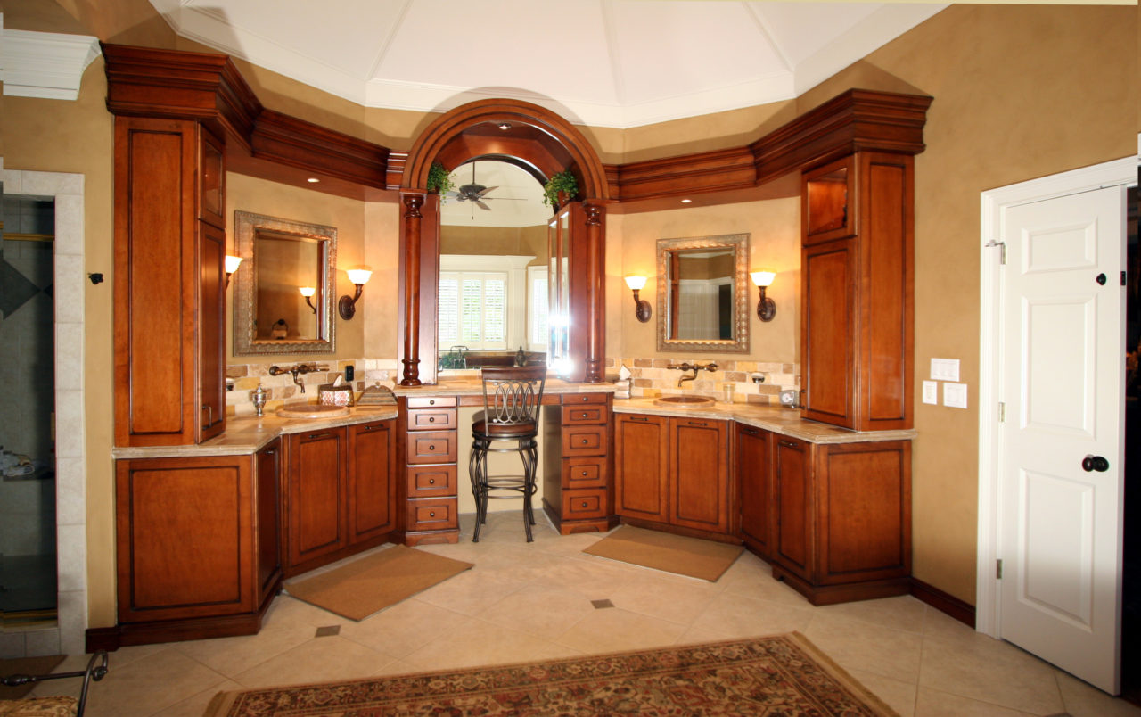 Bathroom Master Cherry Wood Double Sink Cabinets And Makeup Vanity