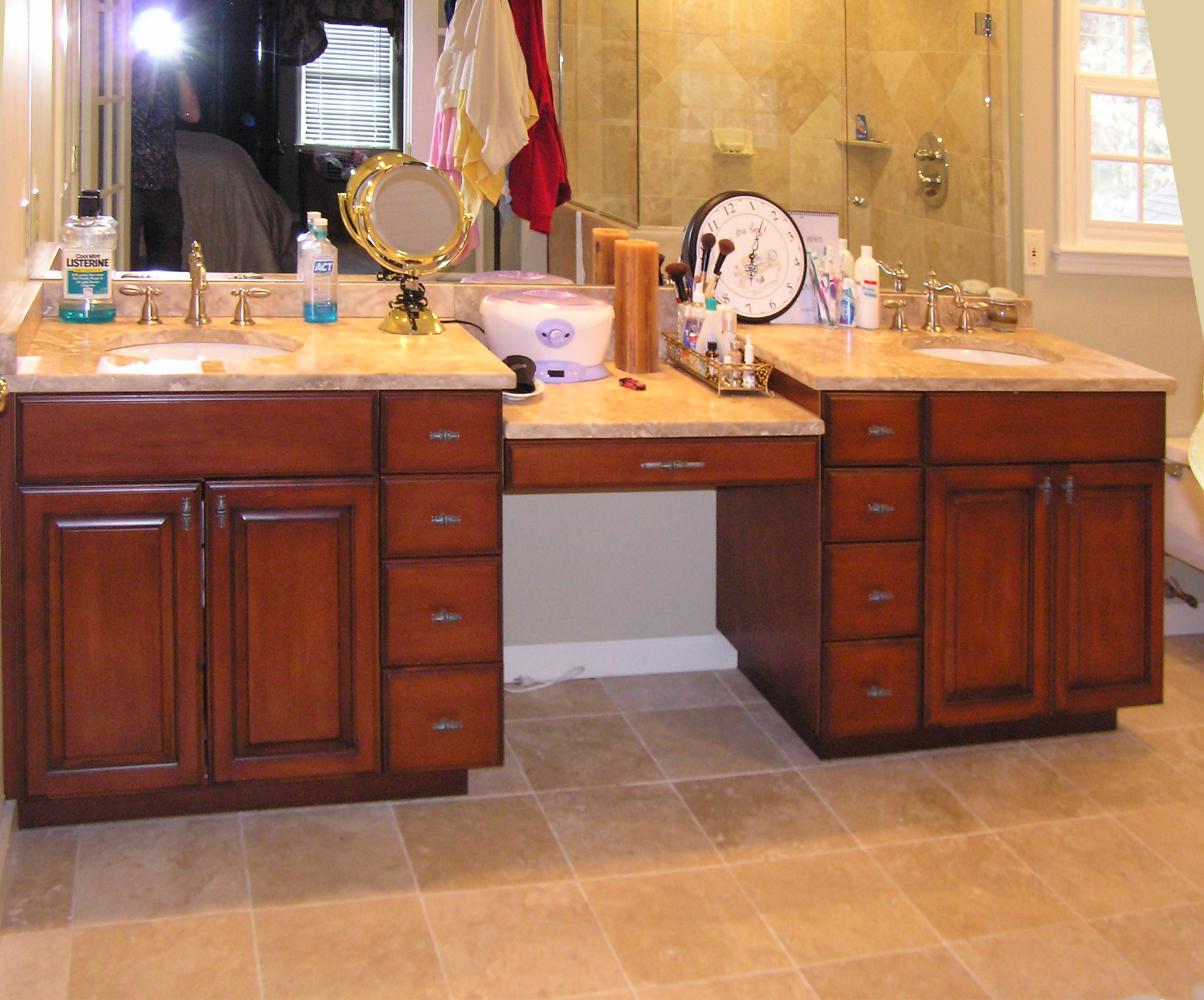 Bathroom master double vanities stained and glazed with makeup vanity ...